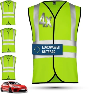 Abbildung von OMKA 4X Auto Warnweste Sicherheitsweste europaweit einsetzbar Pannenweste PKW