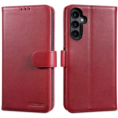 Abbildung von LENSUN Hülle Echtleder für Samsung Galaxy A34, Handyhülle [Echtes Leder][Magnetverschluss][RFID Blocking] Handytasche Lederhülle Schutz A34 5G Weinrot