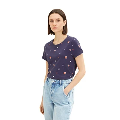 Abbildung von TOM Tailor CREW NECK Print Tshirt print, Damen, Größe: XS, Navy red heart design
