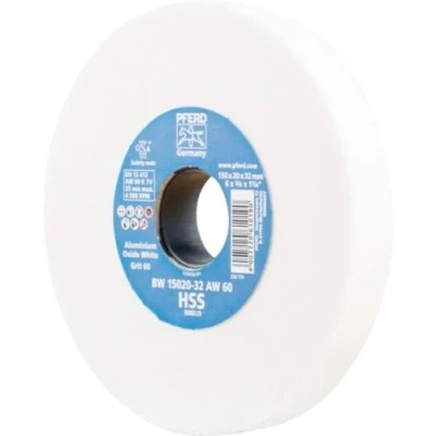 Abbildung von PFERD Schleifbockscheibe HSS, 150x20x32, A60, 39008424 Mittelharte Schleifscheibe zum Schärfen von HSS Bohrern, mit Reduzierhülsen (25/20/16mm)