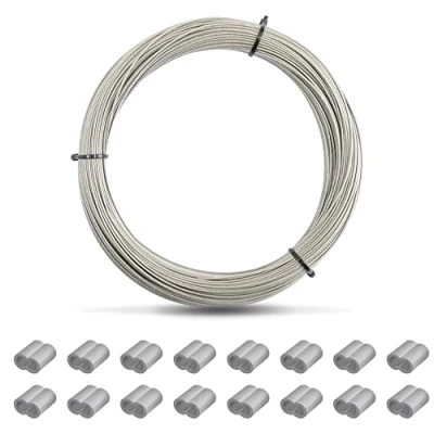 Abbildung von 50m Drahtseil 1mm, Edelstahl Seil, Bilderrahmen Hängender Draht, Hanging Aufhängedraht mit 50 Aluminium Crimphülsen