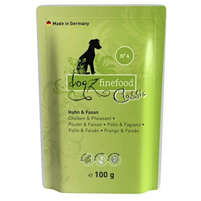 Abbildung von dogz finefood Hundefutter nass N 4 Huhn &amp; Fasan Feinkost Nassfutter für Hunde Welpen getreidefrei zuckerfrei hoher Fleischanteil, 12 x 100 g Beutel