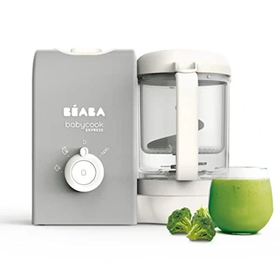 Abbildung von BEABA, Babycook Express, 4 in 1 Babynahrungszubereiter, schnelles Kochen: weniger als 15 Min, Mixen, schonendes und gesundes Dampfgaren, Auftauen, Aufwärmen, Kapazität 1250 ml, Samtgrau