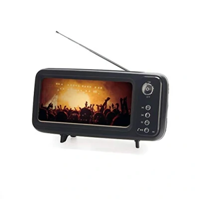 Abbildung von balvi Smartphone Sockel Mit Radio und Lautsprecher Retro TV Design Farbe Schwarz Akku USB Lad