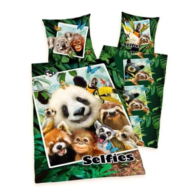Abbildung von Jugendbettwäsche Selfies Jungle 135x200cm Dschungel Panda Grün, Herding, Renforcé, 2 teilig, Dschungeltiere, Selfie mit Reißverschluss