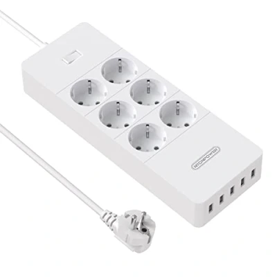 Abbildung von NTONPOWER Steckdosenleiste Überspannschutz 1700J, 4000W 6 Fach, 16A Mehrfachsteckdose mit 5 USB, 1,5m Kabel, Kindersicherung, Weiß