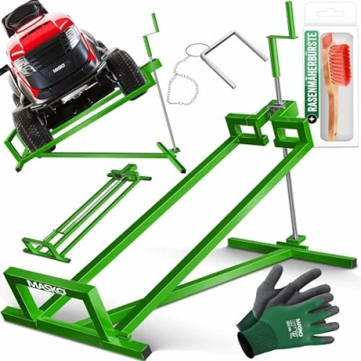 Abbildung von MASKO® XXL Rasentraktorheber 400 kg Hebevorrichtung Hebebühne Aufsitzmäher Reinigungshilfe universal, Rasentraktor Heber, +45 Neigung verstellbar inkl. Arbeitshandschuhe &amp; Bürste Grün