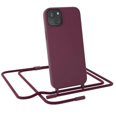 Abbildung von EAZY CASE Handykette kompatibel mit iPhone 15 Plus dünne Handyhülle für Hülle Band als Fallschutz Kette zum Umhängen stoßeste Silikon Mikrofaser in Beere