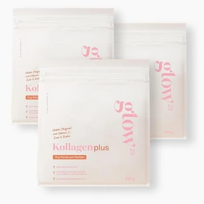 Abbildung von Glow25® Collagen Plus [3x450g] Kollagen Hydrolysat mit Vitamin C, Zink und Biotin Peptide Typ 1 3 Gute Löslichkeit Neutral