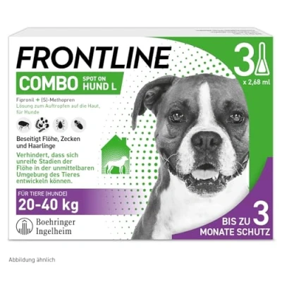 Abbildung von FRONTLINE Combo Hund L gegen Zecken, Flöhe &amp; Haarlinge (große Hunde 20 bis 40 kg) 3X Pipetten für zu 3 Monate Schutz auch Floheier, Larven Puppen im Haushalt wasserfest