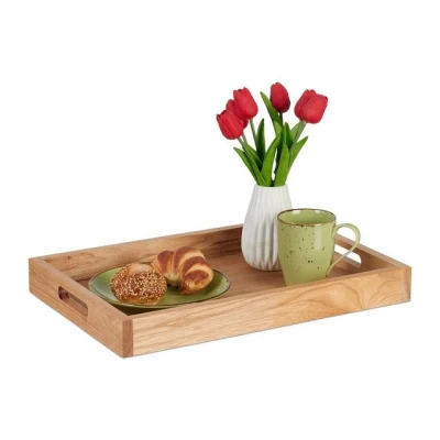 Abbildung von Relaxdays Serviertablett, Holz &amp; MDF, HxBxT: 5 x 46 31 cm, Essenstablett mit Griffen, hoher Rand, rechteckig, natur