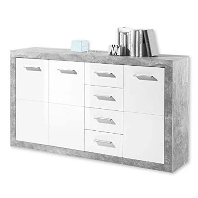Abbildung von STONE Kommode mit Schubladen in Beton Optik, Weiß Hochglanz Moderne viel Stauraum für Ihren Wohnbereich 152 x 88 37 cm (B/H/T)