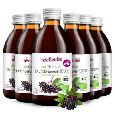 Abbildung von BIO Holundersaft 6er Pack (6x250ml) purer Holunder Direktsaft 100% Kaltgepresst Holunderbeeren Muttersaft ohne Zuckerzusatz, GMO, Konservierungsstoffe Vegan Öko BerriesPolska®