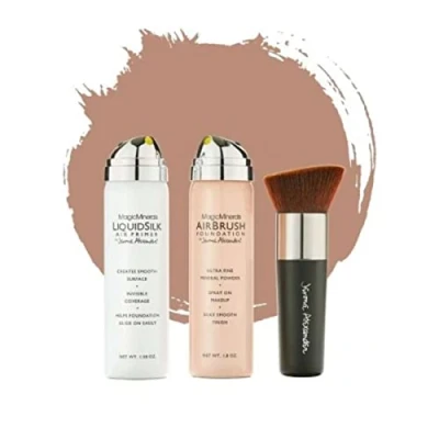 Abbildung von Jerome Alexander MagicMinerals AirBrush Foundation Make up Set 3 Stück + Fixier Spray gratis Pinsel Integriertes mit Hautpflege feuchtigkeitsspendend (Medium)