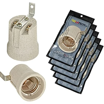 Abbildung von ISOLATECH 5Stk E27 grau Keramik Fassung mit Befestigungswinkel/Außenbügel (max.250V/4A) Leuchtmittel für Home Decke Installation Badezimmer Küche Kühlschrank Sockel Halterung einbauen