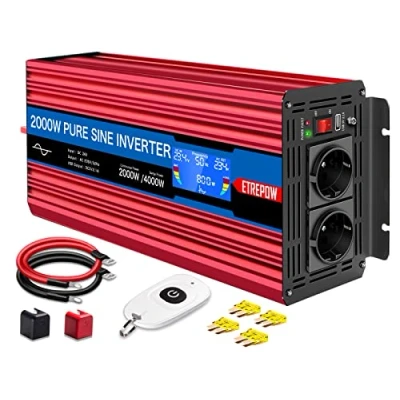 Abbildung von ETREPOW Spannungswandler 24v Auf 230v Reiner Sinus 2000w Wechselrichter mit 2 EU Steckdose und Einer 2,1A USB,Drahtlose Fernsteuerung,LCD Bildschirm Lüftern Spitzenleistung 4000w Kfz Konverter …