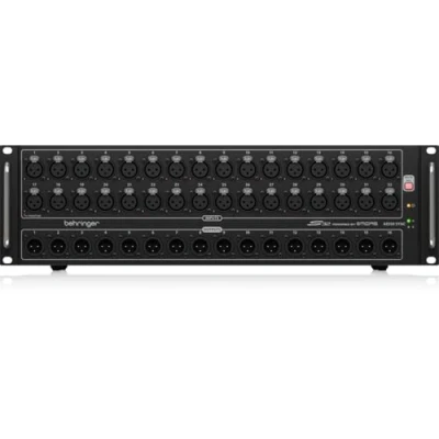 Abbildung von Behringer S32 I/O Box mit 32 fernsteuerbaren Midas Vorverstärkern, 16 Ausgängen und AES50 Netzwerk Klark Teknik SuperMAC Technologie