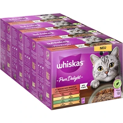 Abbildung von Whiskas 1+ Katzenfutter Pure Delight Klassische Auswahl in Gelee, 12x85g (4 Packungen) Hochwertiges Nassfutter für ausgewachsene Katzen 48 Portionsbeuteln