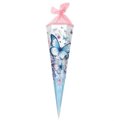 Abbildung von goldbuch 98 155 Schultüte 85 cm Schmetterlingsgarten, Zuckertüte 6 eckig, Geschenktüte mit Schmetterling Motiv, Geschenkverpackung aus Lackkarton, Netzverschluss, ca. x 24 20 cm, blau weiß