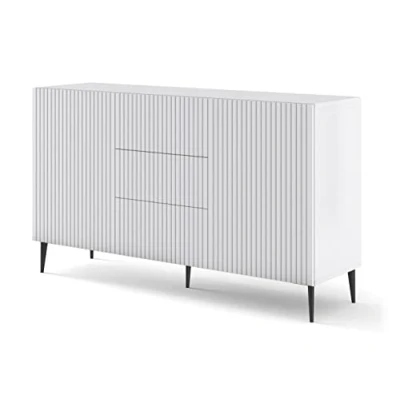 Abbildung von BIM Furniture Kommode Ravenna B 2D3S 150 cm mit gefräster Front Hochwertiges MDF, Sideboard, Buffet auf Schwarze Metallstiftbeinen, 2 Schränke, 3 Schubladen (Weiß Matt)