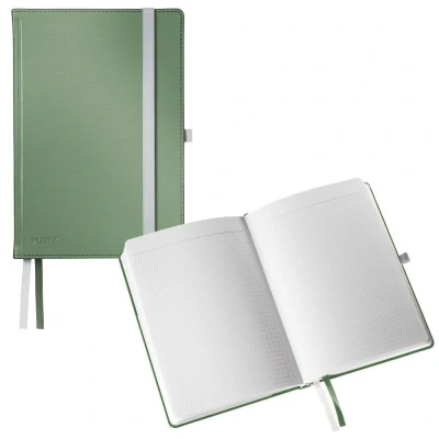 Abbildung von Leitz Notizbuch A5 kariert, 160 Seiten, 80 Blatt, Hardcover Mit hochwertigem Bezug, 100 g/m² Papier, Gummizugverschluss, Textilbänder, Stiftelasche, Tasche, Style Serie, Seladon Grün, 44860053
