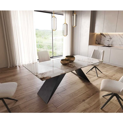 Abbildung von Esstisch Edge 200x100 Keramik Minas Melange Weiß Beige V Gestell Flachstahl Schwarz