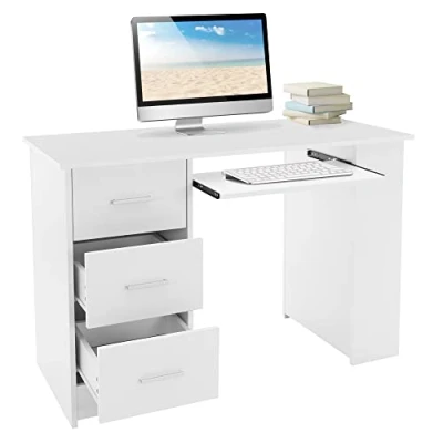 Abbildung von ML DESIGN Schreibtisch Bürotisch mit 3 Schubladen aus Holz Computertisch, Arbeitstisch Weiß Regale und Tastaturauszug Büromöbel PC Tisch