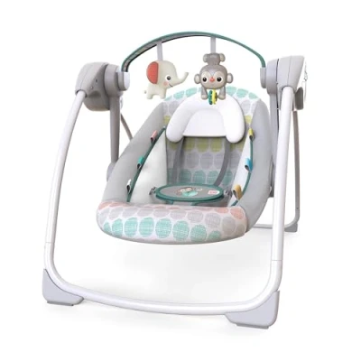 Abbildung von Bright Starts Whimsical Wild automatische Babyschaukel, zusammenklappbar, mit 6 Melodien und 2 Spielzeugen