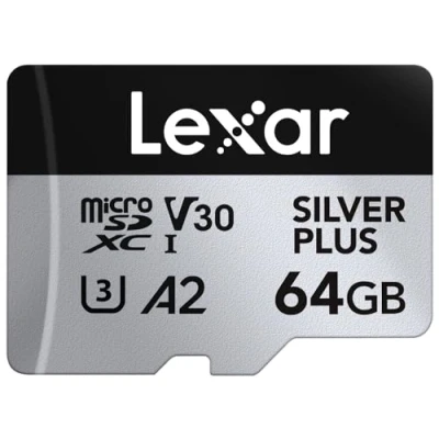 Abbildung von Lexar Silver Plus Micro SD Karte 64GB, Bis zu 205 MB/s Lesegeschwindigkeit, 100MB/s Schreibgeschwindigkeit, Speicherkarte mit Adapter, UHS I, A2, U3, V30, Klasse 10, 4K UHD microSDXC
