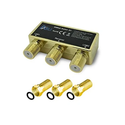 Abbildung von ARLI HD DiSEqC Schalter 2/1 vergoldet inkl. 3X F Stecker Switch Umschalter mit Wetterschutzgehäuse Wetterschutz 2X SAT LNB 1x Teilnehmer/Receiver FullHD HDTV 3D 4K UHD Verteiler Gold 2x1 2 1