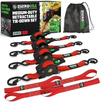 Abbildung von Einziehbare Spanngurte mit Ratsche (4 Pack) 540 kg garantieren maximale Bruchfestigkeit, inklusive (4) ultimativen 2.5 cm x 3 m großen, automatisch einziehbaren Gurten gepolsterten Griffen Rot