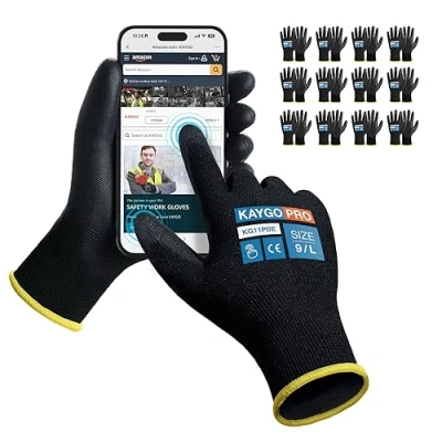 Abbildung von KAYGO 12 Paar Arbeitshandschuhe Touchscreen PU beschichtet Schutzhandschuhe, antirutsch Griff an Handflächen und Fingern, Geeignet für DIY allgemeine Arbeit Gartenarbeit (Schwarz, L, Gr 9)