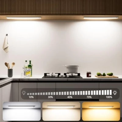 Abbildung von OUILA Unterbauleuchte Küche LED 43.5CM, 2 Stück 3 Farbmodi Dimmbar Schrankbeleuchtung, 108LEDs küchenlicht Bewegungsmelder Innen Lampe 2500mAh USB Wiederaufladbar, Leiste Für Regale, Kleiderschrank