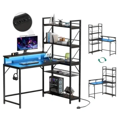 Abbildung von YITAHOME Gaming Schreibtisch mit Regal, Tisch LED Reversibel Eckschreibtisch 2 Steckdosen und USB Ladeanschluss l Form Monitorständer Haken， 106cm (Schwarz)