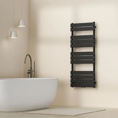 Abbildung von [neu.haus] Handtuchheizkörper Voss Badheizkörper Handtuchwärmer Handtuchtrockner mit Warmwasser Heizgerät Lamellen Mittelanschluss Wandmontage 120x50cm Schwarz