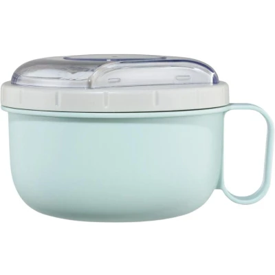 Abbildung von Xavax Lunchbox, runder Lunchpot 1100 ml (To Go Becher groß für Mikrowelle, Brotdose mit Besteck, perfekt One Pot Mahlzeiten, tragbar ideal Pause, Büro, Schule, Uni, Picknick) pastellblau/grau