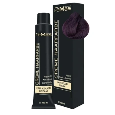 Abbildung von FemMas Haarfarbe Hellbraun Violett 5.2 I Professionelle Creme mit Arganöl, Keratin &amp; Ceramiden Als dauerhafte Haarfärbung oder Tönung für strahlende, haltbare Farbergebnisse 100 ml