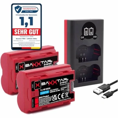 Abbildung von Baxxtar NP W235 2400mAh Akku Pack MaxProtect mit aktivem NTC Sensor und V1 Schutzgehäuse Ladegerät Mini 18882 USB Dual LCD für GFX 50s II 100S 100 X H2 H2S S20 T4 T5