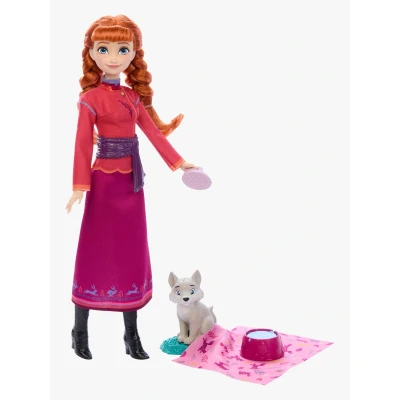 Abbildung von Mattel Disney Die Eiskönigin Anna Modepuppe und Wolfsjunges Figur mit 4 Zubehörteilen, einschließlich Tierbett Bettdecke, inspiriert von den Tieren aus Arendelle, JFG17