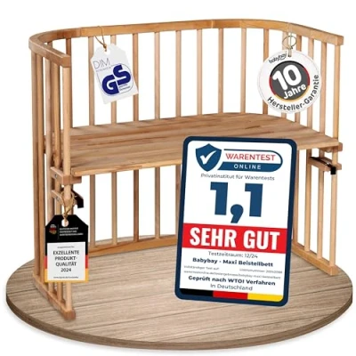 Abbildung von babybay Maxi extra großes Beistellbett aus massivem Buchenholz / Kinderbett Höhe stufenlos verstellbar &amp; umweltfreundlich mitwachsendes Babybett (Kernbuche geölt)