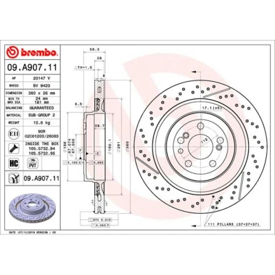 Abbildung von BREMBO 09.A907.11 Bremsscheibe 360 26 5 gelocht/innenbel., geschlitzt beschichtet hochgekohlt mit Schrauben MERCEDES BENZ: SLS AMG Coupe