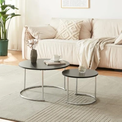 Abbildung von [en.casa] Couchtisch Christchurch 2er Set Wohnzimmertisch rund Sofatisch Satztisch Beistelltisch mit Metallgestell Kaffeetisch Schwarz/Chrom
