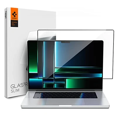 Abbildung von Spigen Glas.tR Slim Displayschutz für MacBook Pro 14 Zoll (M4 / M4 Max M3 Serie M2 M1 Serie), Schwarz Volle Abdeckung, 9H Glas, Antikratz, Schutzfolie