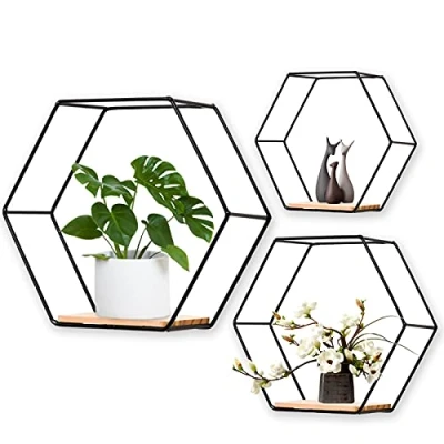 Abbildung von LMYDIDO 3er Set Hexagon Wandregal Hängeregal, Metall und Holz Schweberegal Wandaufbewahrung Organizer für Küchenregal, Badezimmer, Schlafzimmer, Wanddekoration (Schwarz)