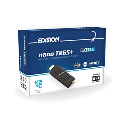 Abbildung von Edision Nano T265+ Terrestrischer DVB T2 und Kabel C HDMI dongle Receiver, H265 HEVC, FTA, Full HD, PVR, USB, HDMI, IR, USB WiFi Support, Universal 2in1 Fernbedieung, Schwarz