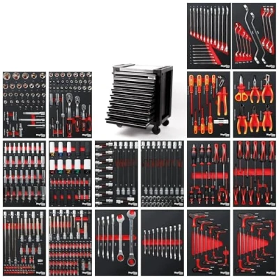 Abbildung von Mephisto Tools Werkzeugwagen, (fertig montiert und bestückt), Werkzeug aus Chrom Vanadium Stahl, seitlich genormte Lochwand