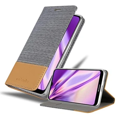 Abbildung von Cadorabo Hülle kompatibel mit Huawei Y6S aus Premium Jeans und Kunst Leder Flip Klappbare Stoßfeste Magnetische [Standfunktion] [Kartenfächern] Cover für Tasche in Grau