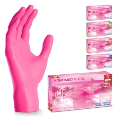 Abbildung von 500 Stück ARNOMED Einweghandschuhe Pink, Einmalhandschuhe S, Nitril Handschuhe, Nitrilhandschuhe puderfrei, Gummi Handschuhe Einweg, Schutzhandschuhe, in XS, M, L, XL