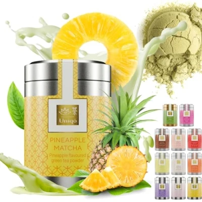 Abbildung von Tea Uniqo Ananas Matcha Latte Pulver Ideal zu Bubble Tea, Shakes oder Pur Japanisches Macha mit Pineapple Geschmack, ohne künstliche Farbstoffe in edler Dose