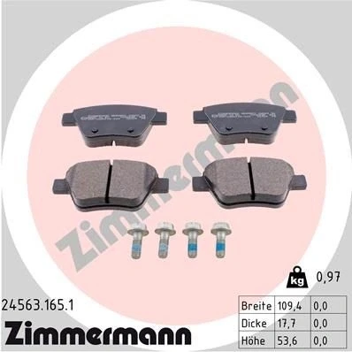 Abbildung von ZIMMERMANN 24563.165.1 Bremsbelagsatz mit Schrauben Foto entspricht Lieferumfang VOLKSWAGEN: Golf 7 Schrägheck, Caddy 3 Kombi, Touran I